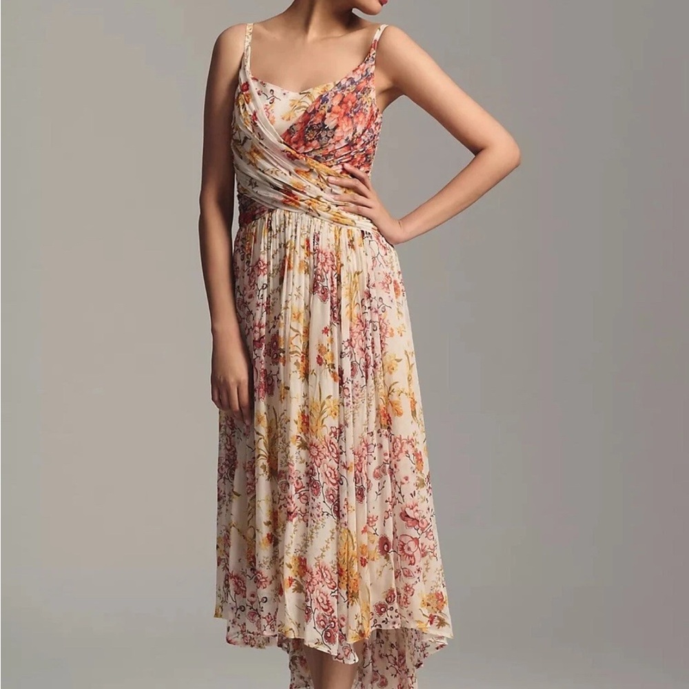 Anthropologie  Ruched Cross Front Square-Neck Floral Midi Dress